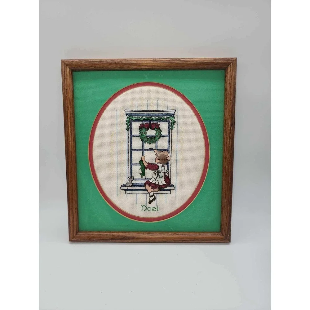 Vintage Christmas Cross Stitch Framed Wall Art Noel Girl in Window Wood Frame